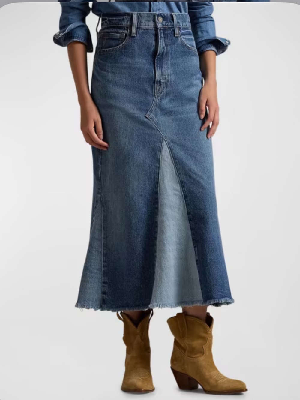 Polo by Ralph Lauren Deconstructed Patchwork Denim Flare Skirt 30 NWT